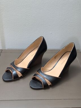 Roland Black and Tan Peep-Toe Wedge Heels